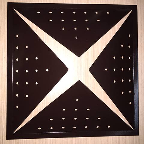 A piece of round hole aluminum perforated sheet with brown coated surface and convex four angle star in the middle.