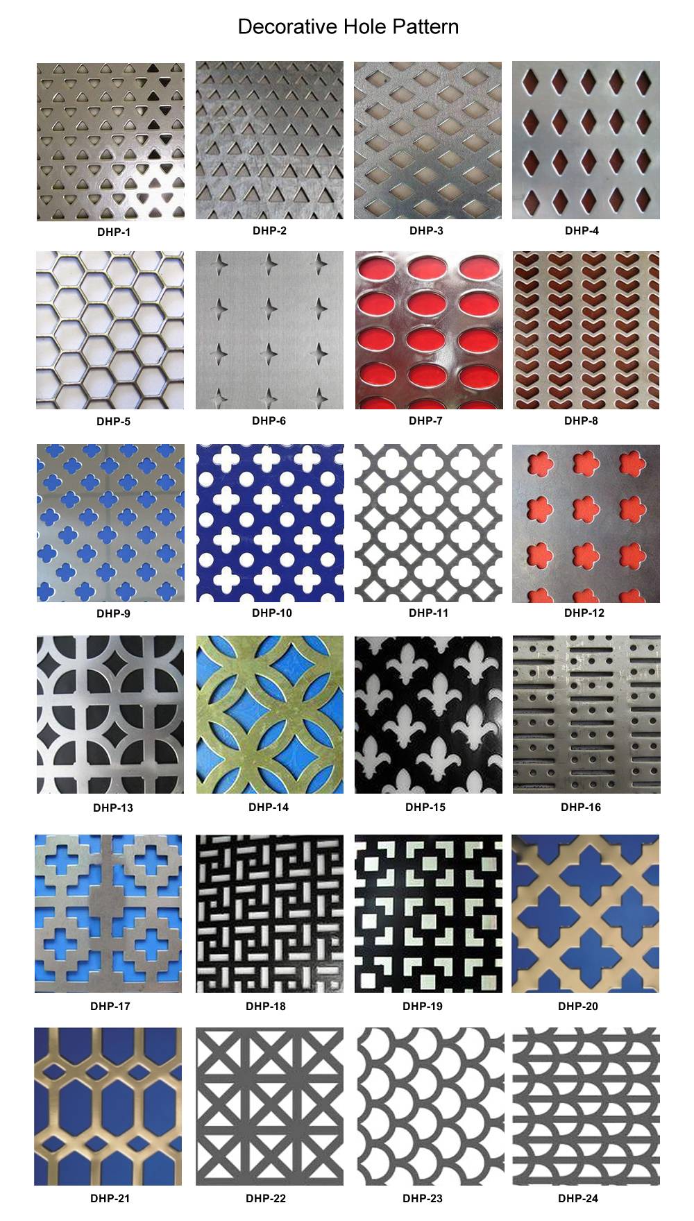 Twenty four patterns of holes for decorative perforated sheets