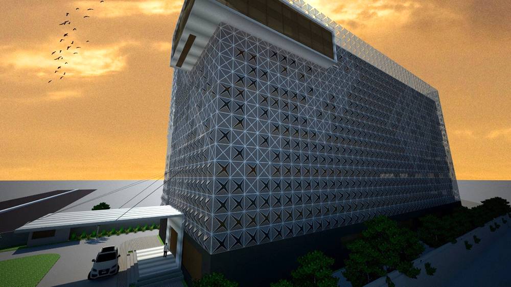 Under the sky, there is a building and the building facade is made of perforated sheet with open module.