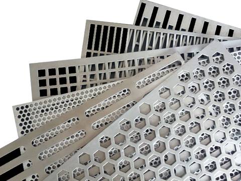 Six perforated sunshade panels with different hole patterns arranged from bottom to top: rectangle, rectangle, square, round, slot and hexagonal.