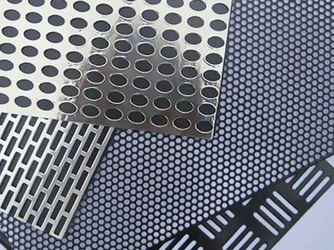 Four perforated steel sheets with different hole shapes overlap each other