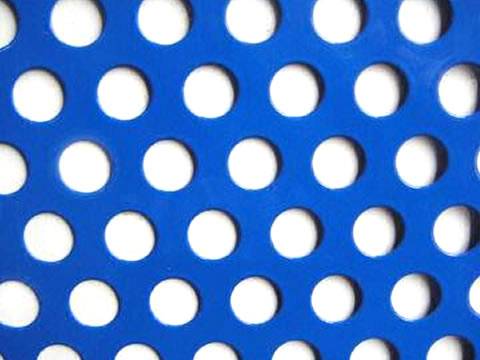 A blue PVC coated perforated sheet with round holes