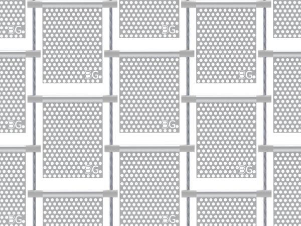 Perforated kinetic facade with round holes in staggered rows.